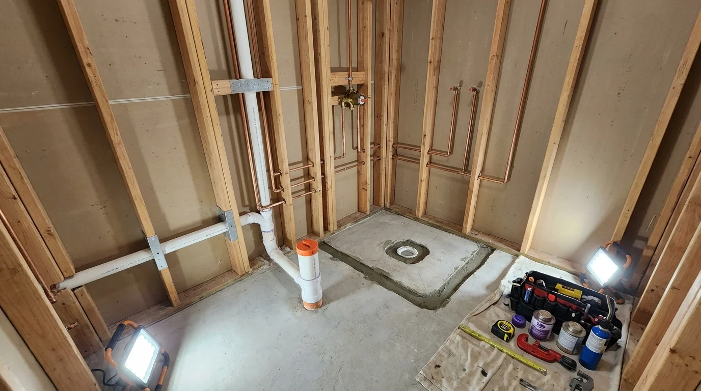 Bathroom rough-in plumbing during remodel by Johns Plumbing LLC in Royalston