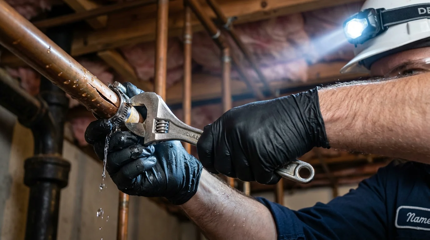 Emergency pipe clamp repair being performed by a Johns Plumbing LLC plumber in Royalston