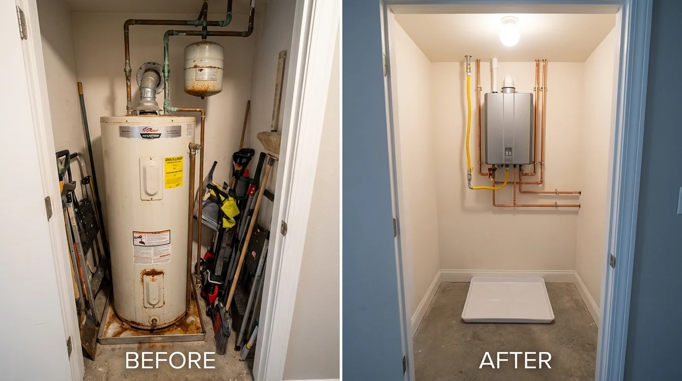 Tank water heater versus wall-mounted tankless unit comparison for Royalston, MA homeowners
