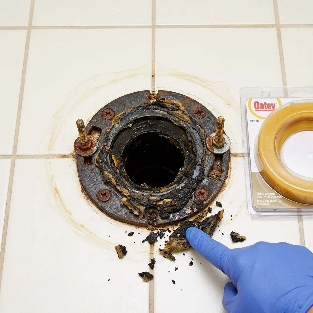 Failed wax ring showing water seepage at the base of a toilet in a Royalston, MA home