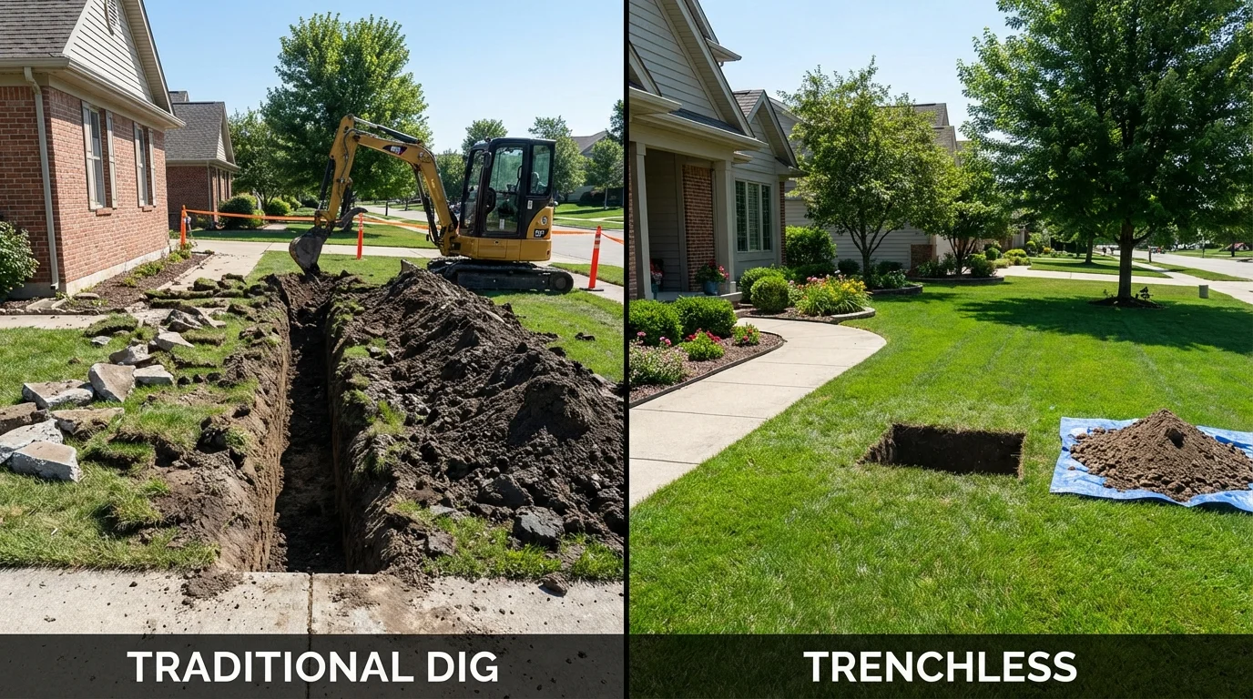 Trenchless sewer repair with minimal yard damage versus traditional excavation in Royalston, MA